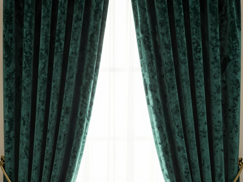 Luxurious velvet curtains in deep emerald green